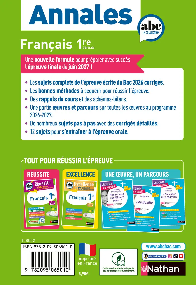 Annales ABC du BAC 2027 - Français 1re - Sujets et corrigés - Enseignement commun première - Epreuve finale Bac 2027 - Annales - 9782095065010 - Couverture verso