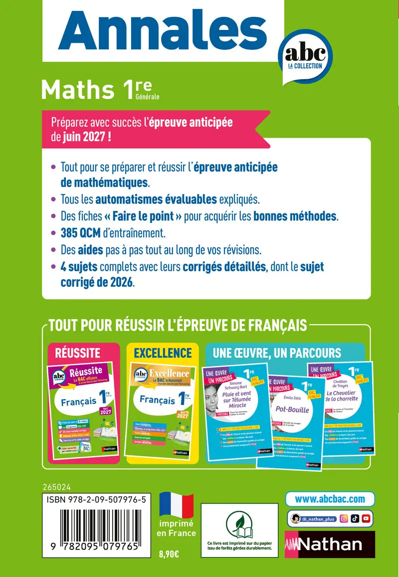 Annales ABC du BAC 2027 - Maths 1re - Enseignement de spécialité Première - Epreuve anticipée Bac 2027 - Sujets et corrigés  - Annales - 9782095079765 - Couverture verso
