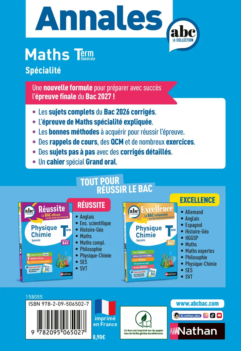 Annales ABC du BAC 2027 - Maths Tle - Sujets et corrigés - Enseignement de spécialité Terminale - Epreuve finale - Corrigé - Annales - 9782095065027 - Couverture verso