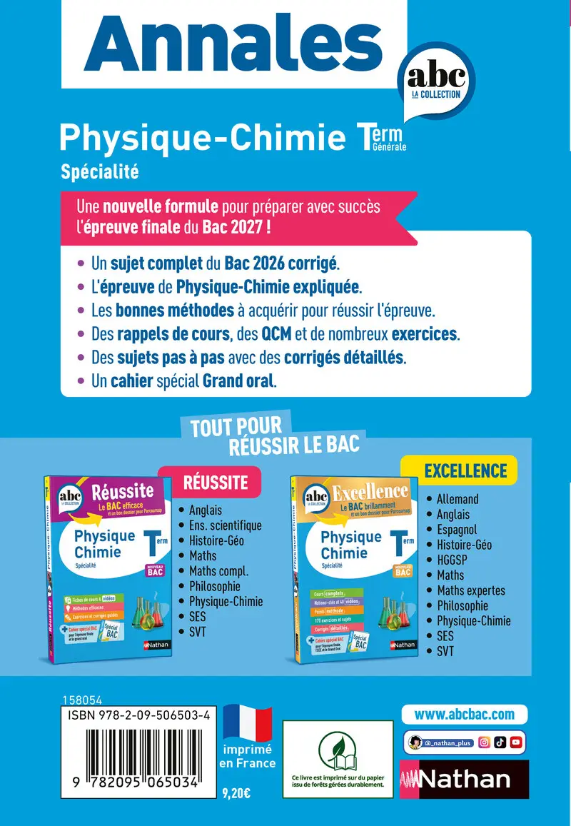 Annales ABC du BAC 2027 - Physique-Chimie Tle - Sujets et corrigés - Enseignement de spécialité Terminale - Epreuve finale - Annales - 9782095065034 - Couverture verso