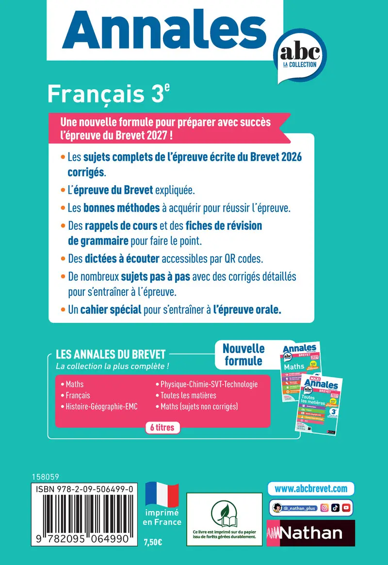 Annales ABC du Brevet 2027 - Français 3e - Sujets et corrigés + fiches de révisions - Annales - 9782095064990 - Couverture verso
