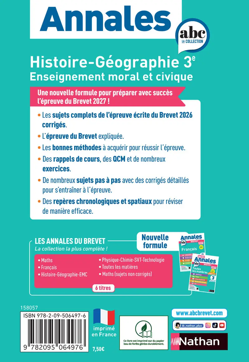 Annales ABC du Brevet 2027 - Histoire-Géographie-EMC 3e - Sujets et corrigés + fiches de révisions - Annales - 9782095064976 - Couverture verso