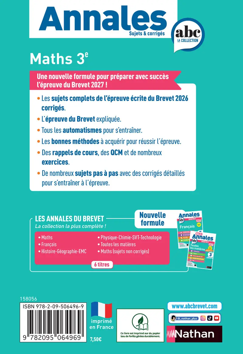 Annales ABC du Brevet 2027 - Maths 3e - Sujets et corrigés + fiches de révisions - Annales - 9782095064969 - Couverture verso