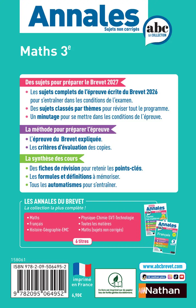  Annales ABC du Brevet 2027- Maths 3e - Sujets non corrigés + fiches de révisions - Annales - 9782095064952 - Couverture verso