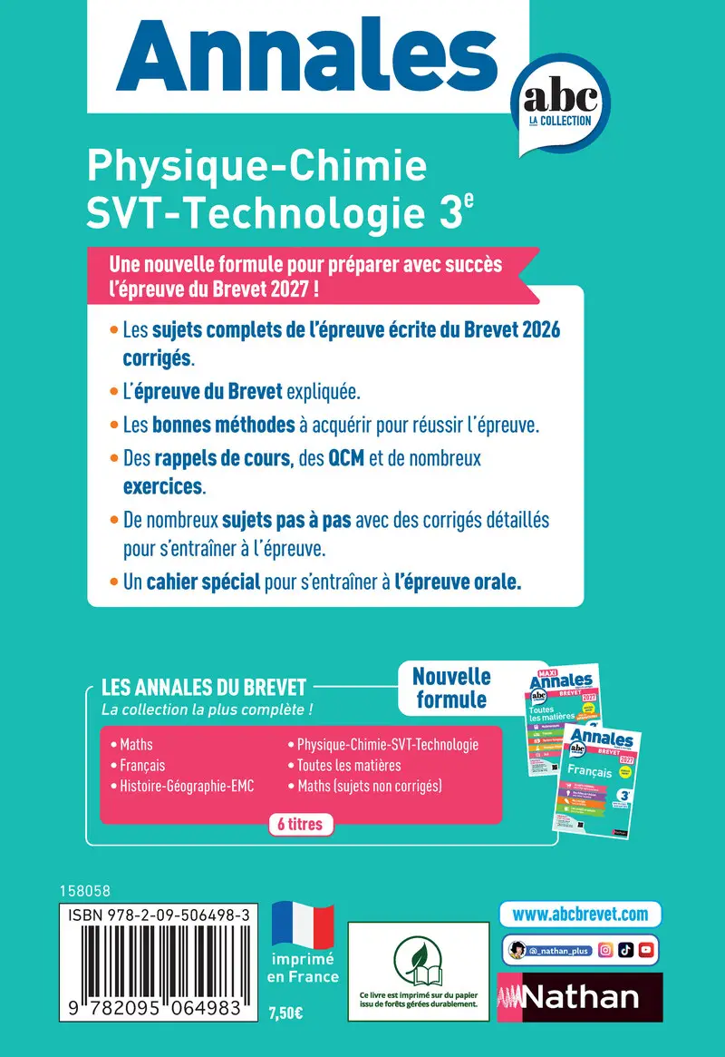 Annales ABC du Brevet 2027 - Physique-Chimie - SVT - Technologie 3e - Sujets et corrigés + fiches de révisions - Annales - 9782095064983 - Couverture verso