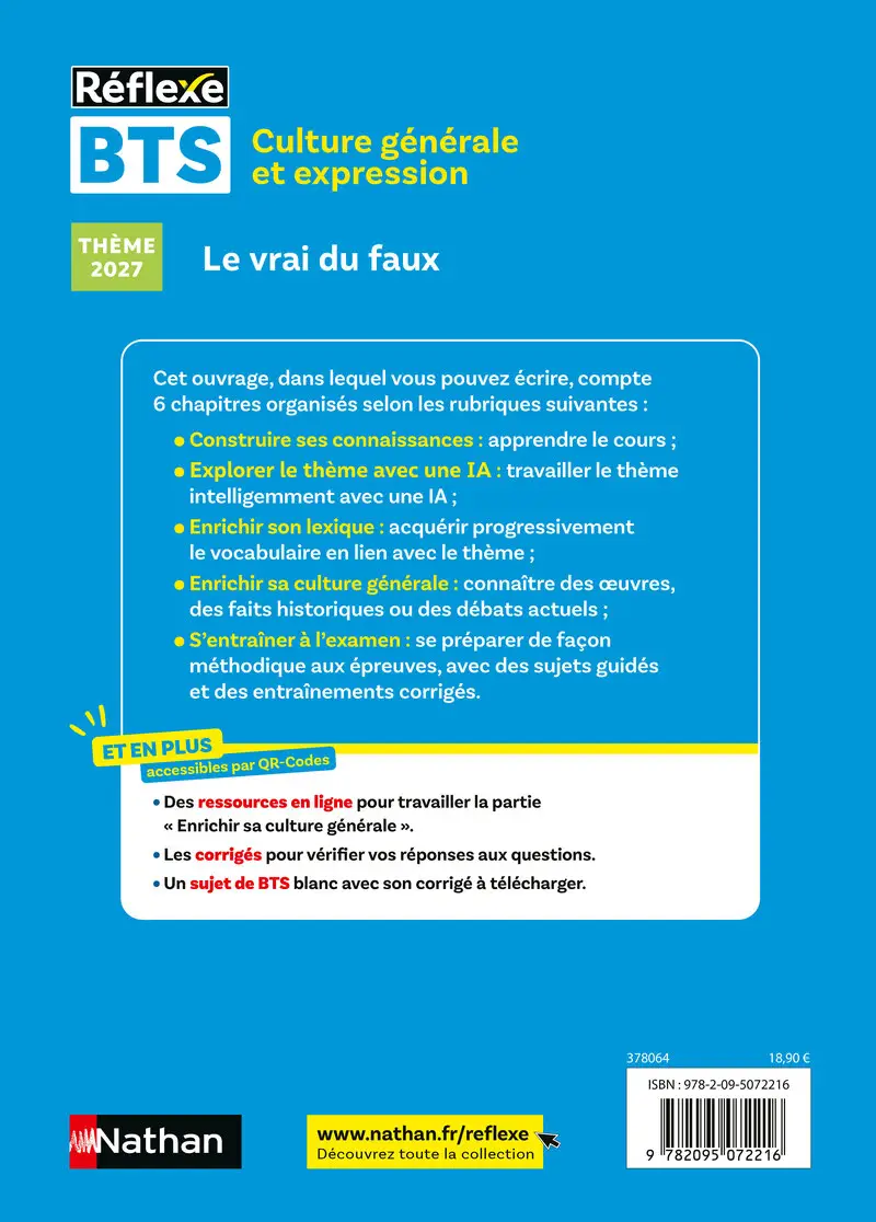 BTS - Culture générale et expression - Nouveau thème épreuve 2027 - Toutes filières - Livre de cours, méthode et exercices - 9782095072216 - Couverture verso