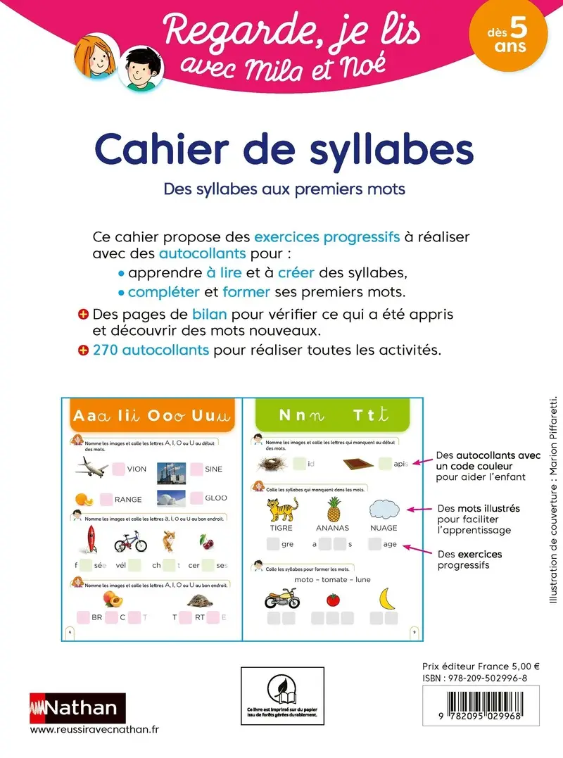 Cahier de syllabes  - Regarde, je lis ! - dès 5 ans - Cahier d'exercices - 9782095029968 - Couverture verso