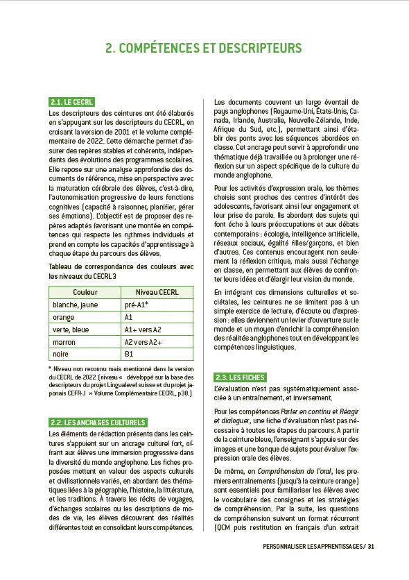Personnaliser les apprentissages en anglais - Découvrir et mettre en pratique les plans de travail et ceintures de compétences - Guide pédagogique - 9782095048891 - Ceinture de compétence