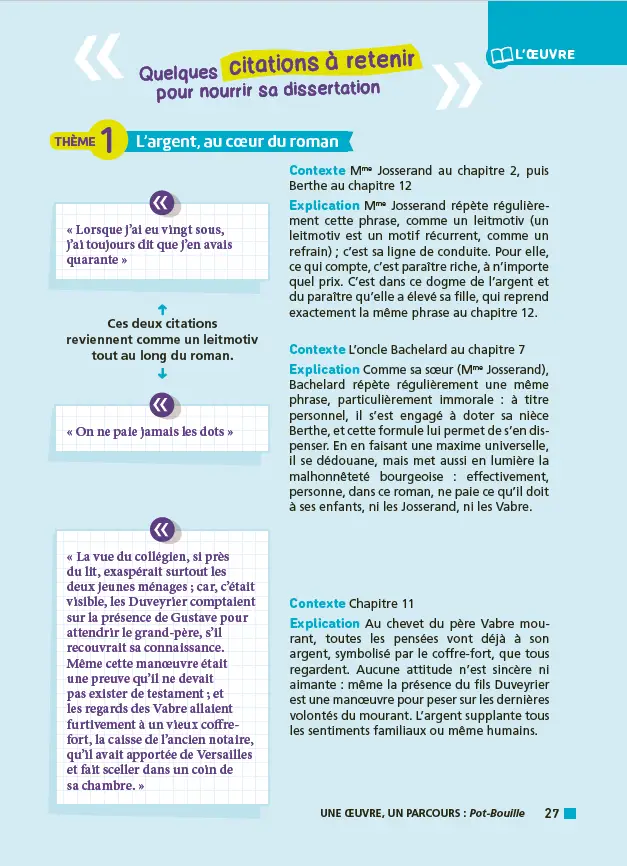 Analyse et étude de l'oeuvre - Pot-Bouille, Zola - Réussir son BAC Français 1re 2027 - Parcours associé « dévoiler les rouages de la société » - Une oeuvre, un parcours - Livre - 9782095064402 - Citations
