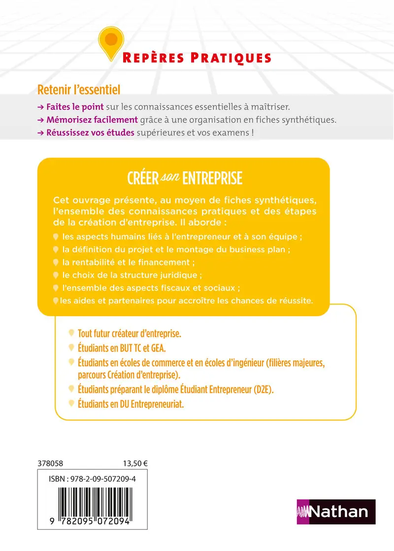 Créer son entreprise - Repères pratiques : Business plan, financement, statut juridique et lancement d'activité - Livre - 9782095072094 - Couverture verso