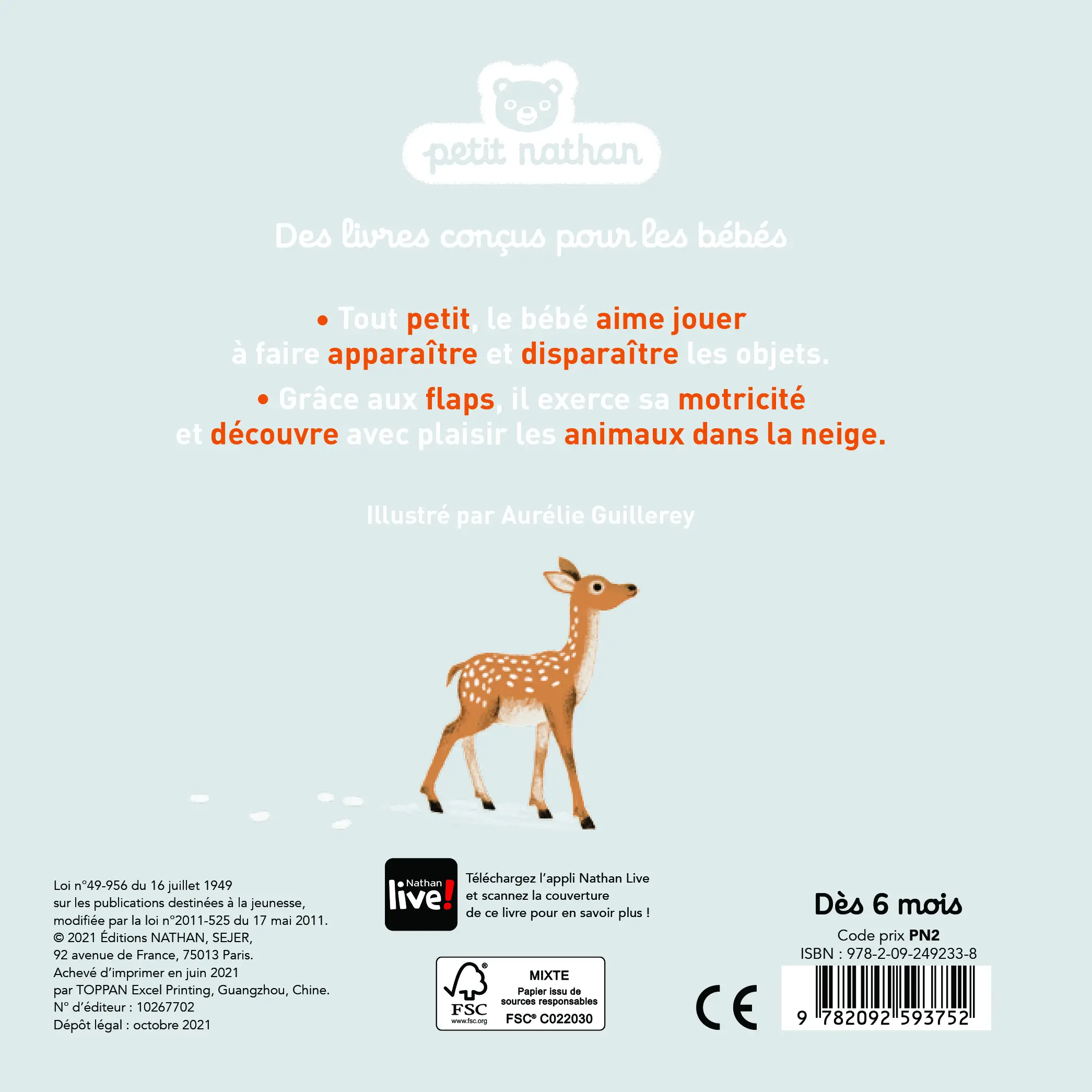On se cache dans la neige - Livre d'éveil à toucher - dès 6 mois  - Livre d'éveil - 9782092492338 - dos