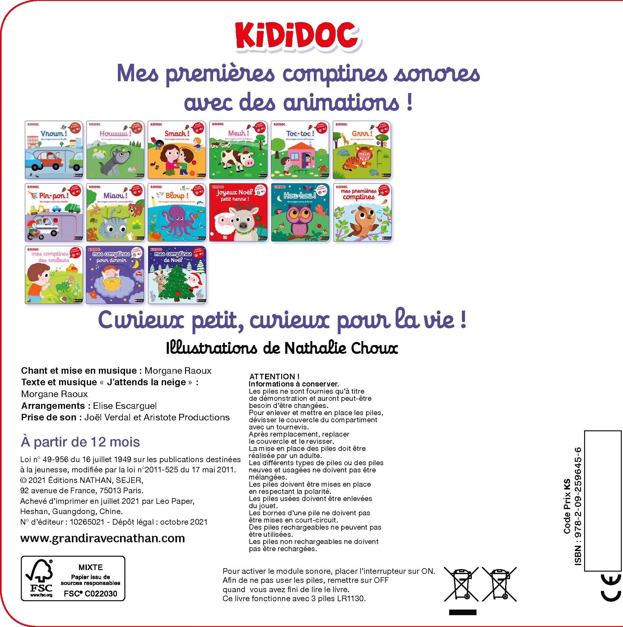 Mes comptines de Noël - Livre Sonore et animé Kididoc - Dès 1 an - Livre documentaire - 9782092596456 - dos
