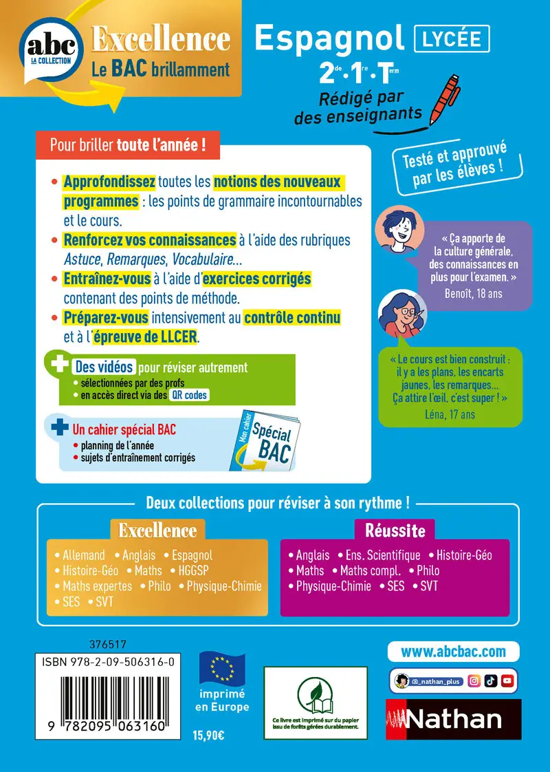 Espagnol Lycée (2de, 1re, Terminale) - ABC Excellence - Bac 2027 - Cours complets, approfondissements, exercices et corrigés détaillés - Livre de cours, méthode et exercices - 9782095063160 - Couverture verso