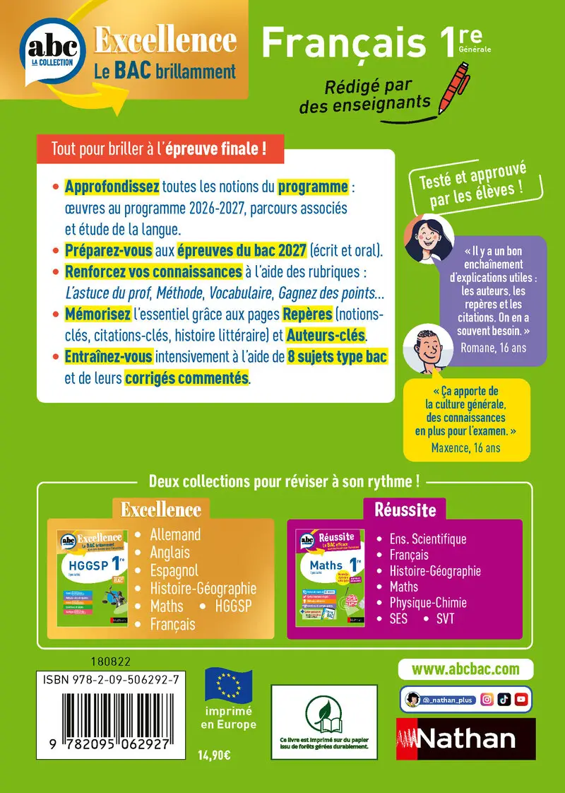 Français 1re - ABC Excellence - Bac 2027 - Révision complète du Bac français : ?uvres au programme, oral et écrit, méthodes, fiches de cours et exercices corrigés - Livre de cours, méthode et exercices - 9782095062927 - Couverture verso