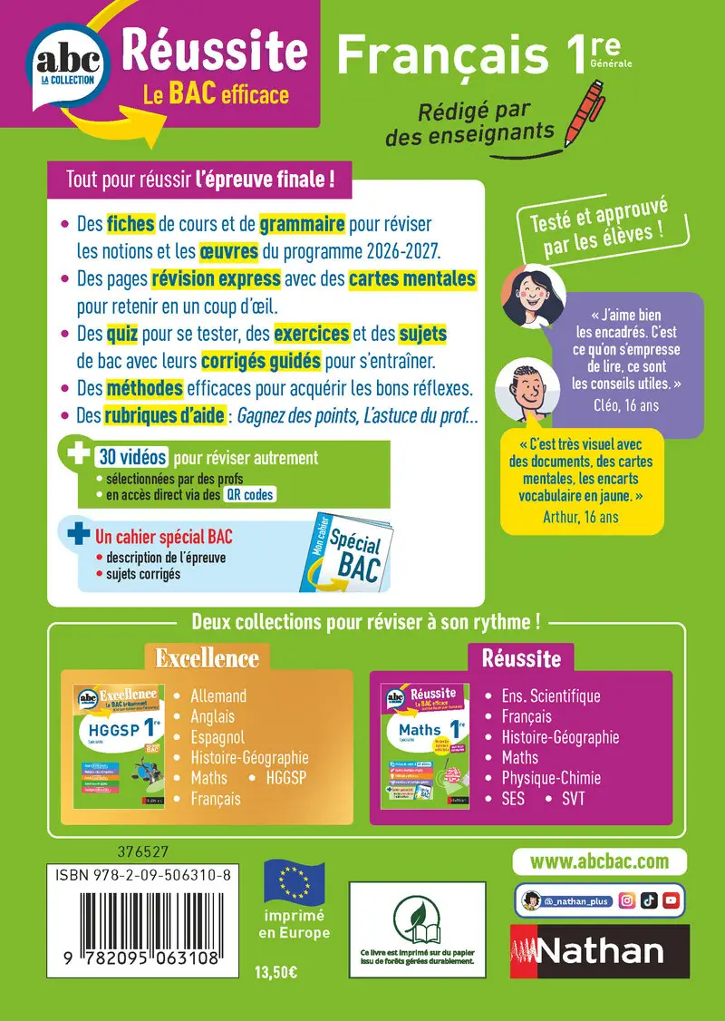 Français 1re - ABC Réussite - Bac 2027 - Enseignement commun Première - Cours, Méthode, Exercices et et corrigés guidés + les 12 oeuvres du Bac - Livre de cours, méthode et exercices - 9782095063108 - Couverture verso