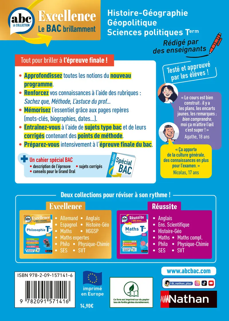 HGGSP Terminale - ABC Excellence - Bac 2027 - Enseignement de spécialité - Cours complets, méthodes, exercices et corrigés détaillés - Livre de cours, méthode et exercices - 9782091571416 - Couverture verso
