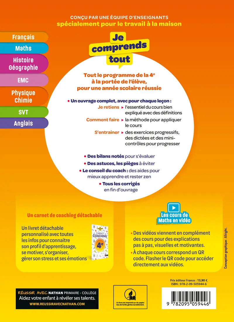 Je comprends tout 4e - Toutes les matières - Français, Maths, Histoire-Géo, EMC, SVT, Physique-Chimie, Anglais - Cahier d'exercices - 9782095059446 - Couverture verso