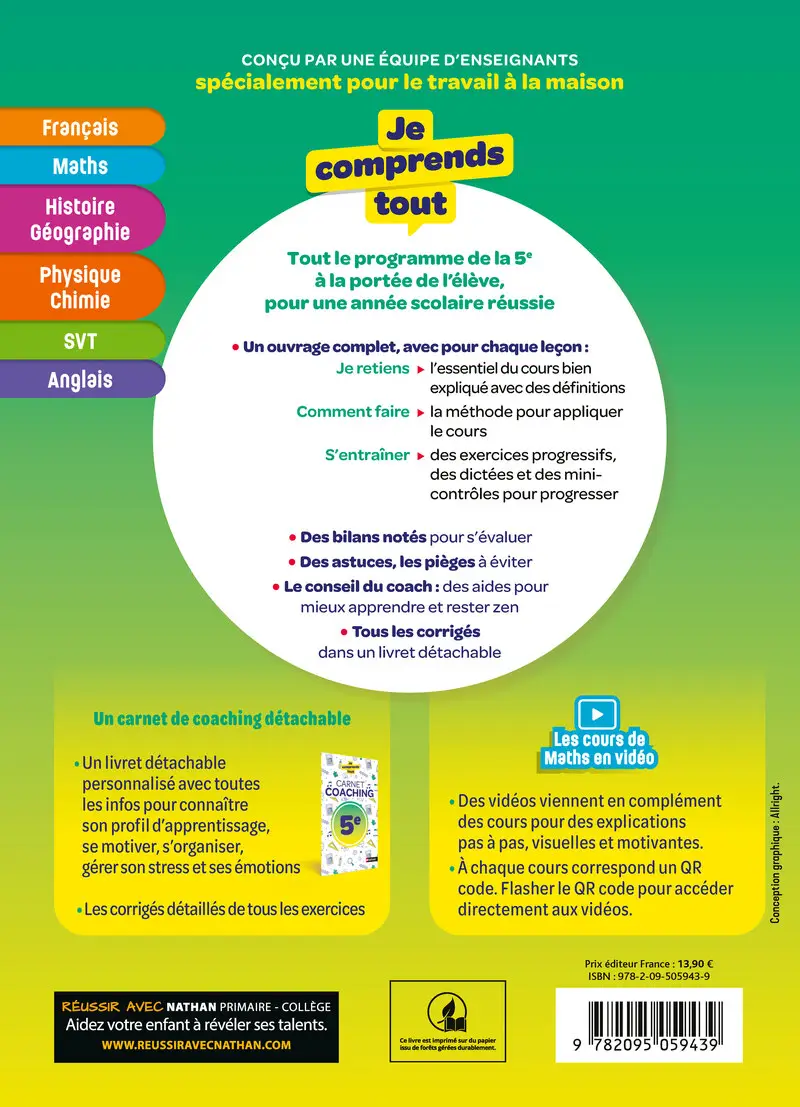 Je comprends tout 5e - Toutes les matières - Français, Maths, Histoire-Géo, Physique-Chimie, SVT, Anglais - Cahier d'exercices - 9782095059439 - Couverture verso