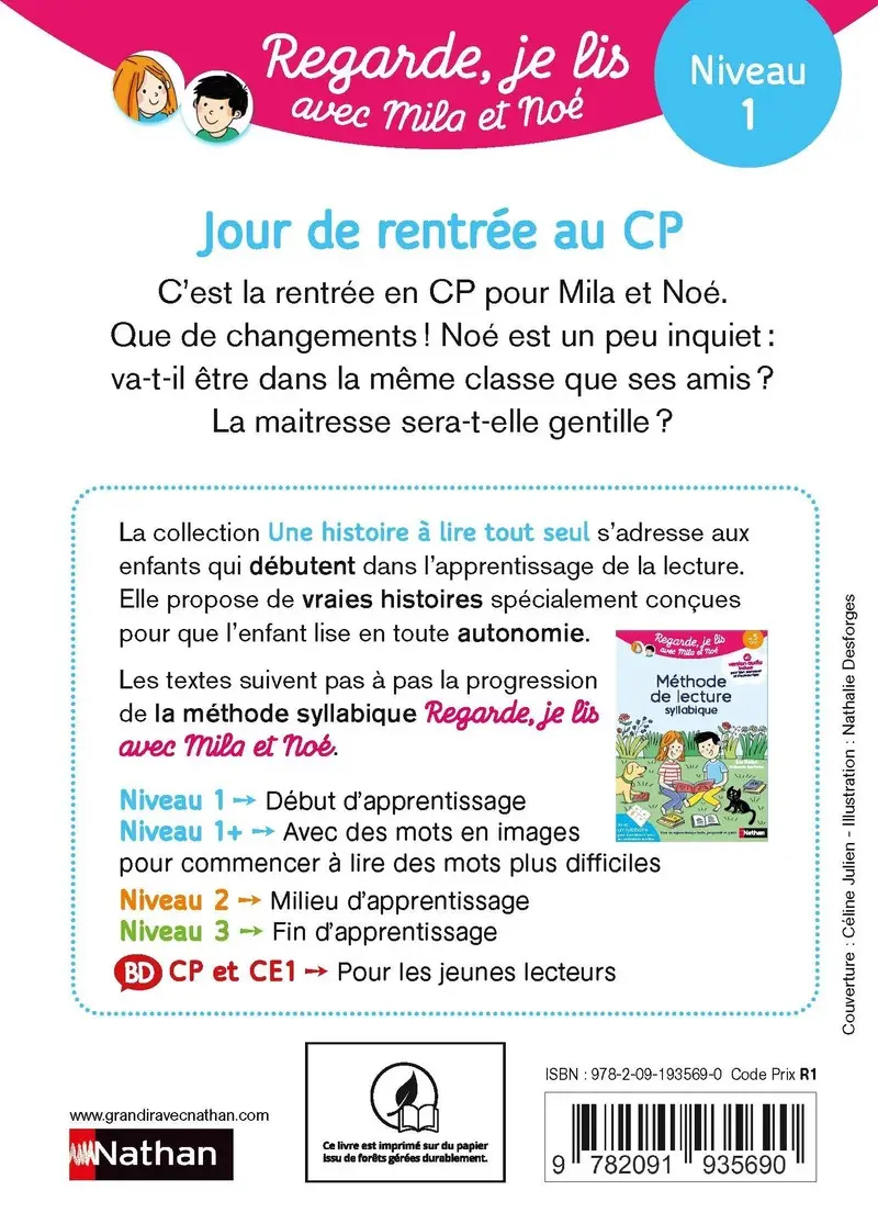 Jour de rentrée au CP - Regarde, je lis avec Mila et Noé  - Lecture CP niveau 1 - Roman - 9782091935690 - Couverture verso