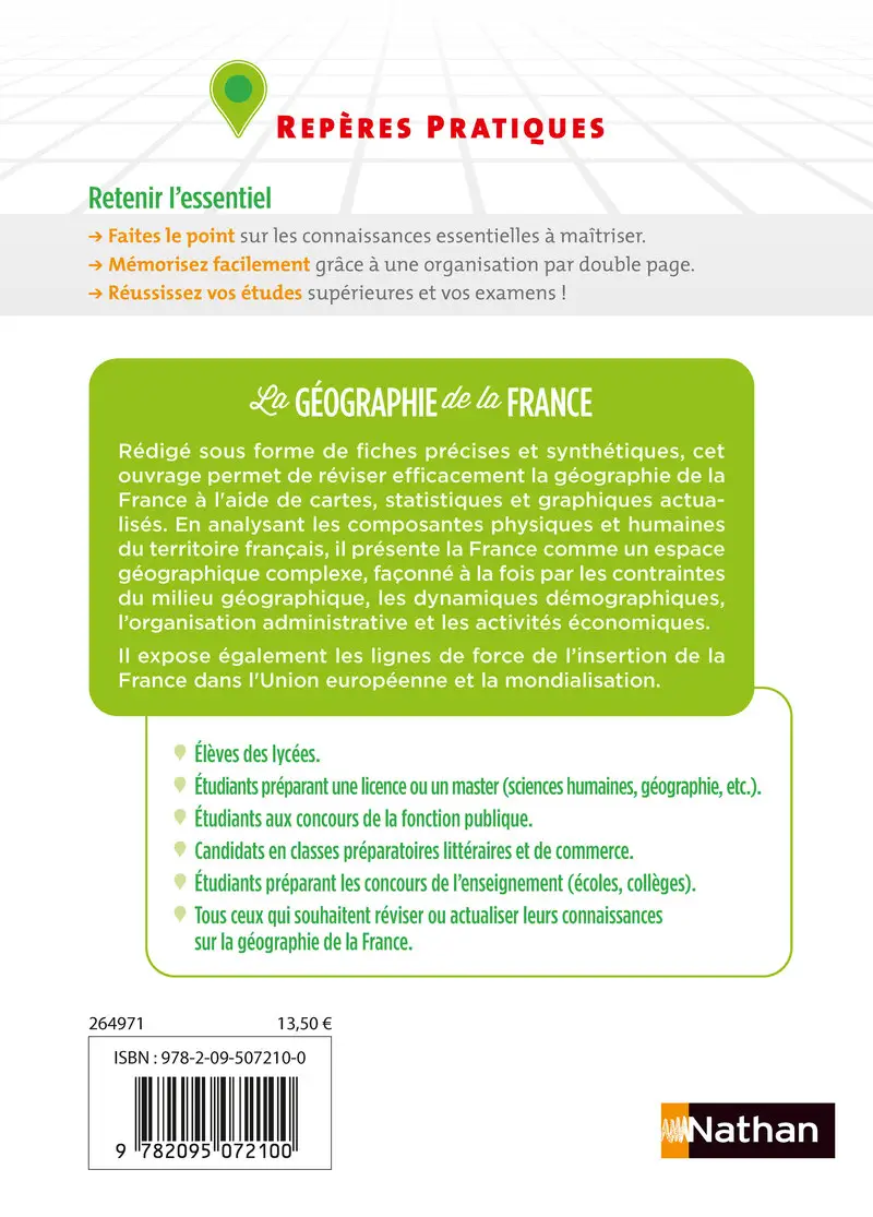 La géographie de la France - Repères pratiques : Territoires, population, économie et dynamiques régionales - Livre - 9782095072100 - Couverture verso