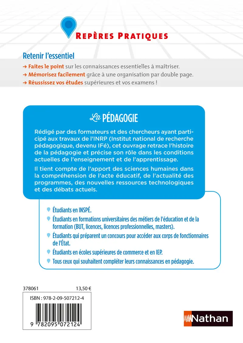 La pédagogie - Repères pratiques : Théories de l'apprentissage, pratiques éducatives et sciences de l'éducation - Livre - 9782095072124 - Couverture verso