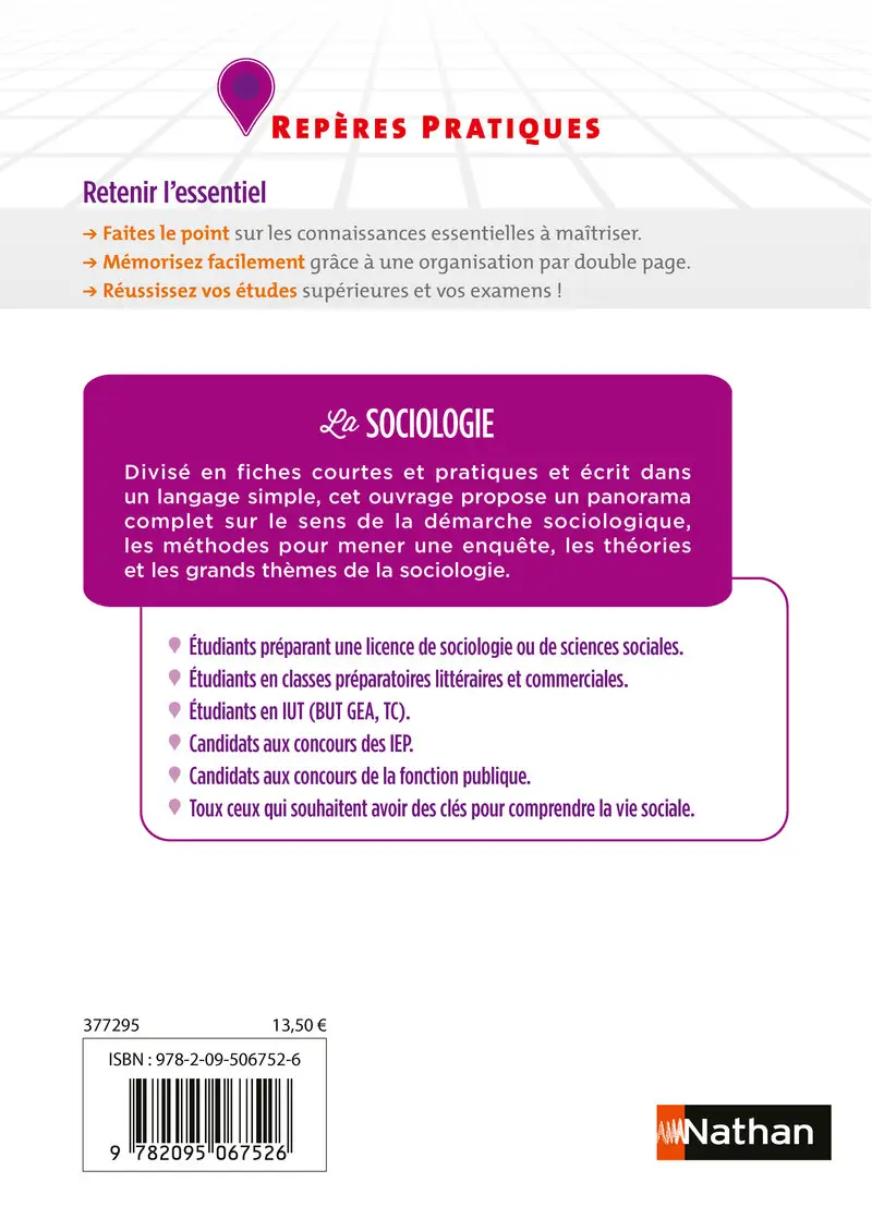 La sociologie - Repères pratiques : Théories, méthodes d'enquête et grands thèmes de la vie sociale - Livre - 9782095067526 - Couverture verso