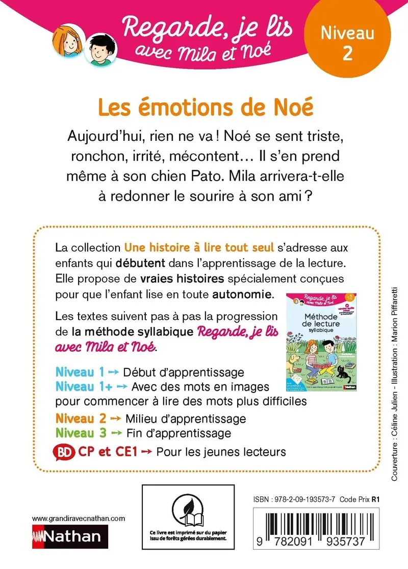 Les émotions de Noé - Regarde, je lis avec Noé et Mila - Lecture CP - Niveau 2 - Dès 5 ans - Roman - 9782091935737 - Couverture verso