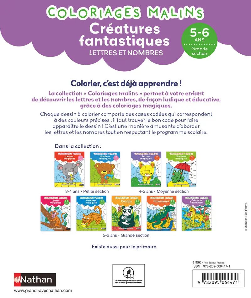 Lettres et nombres GS - Coloriages malins Maternelle Grande section - Animaux fantastiques - Dès 5 ans - Cahier d'activités - 9782095064471 - Couverture verso