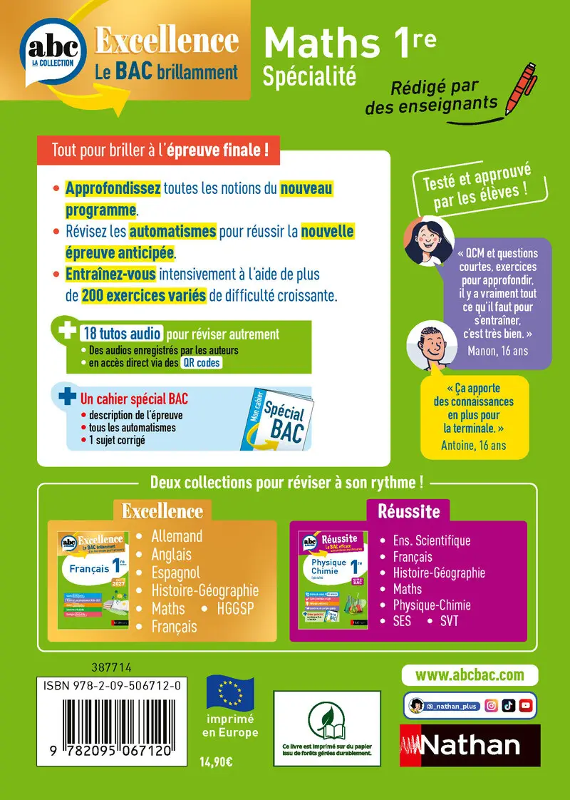 Maths 1re - ABC Excellence - Bac 2027 - Enseignement de spécialité - Cours complets, méthodes, exercices et corrigés détaillés - Livre de cours, méthode et exercices - 9782095067120 - Couverture verso