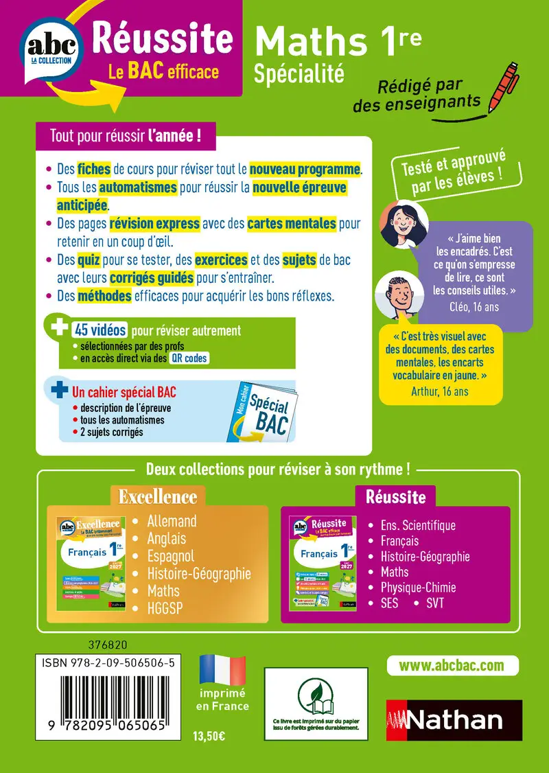 Maths 1re - ABC Réussite - Bac 2027 - Enseignement de spécialité - Cours, méthodes, exercices et corrigés guidés - Livre de cours, méthode et exercices - 9782095065065 - Couverture verso