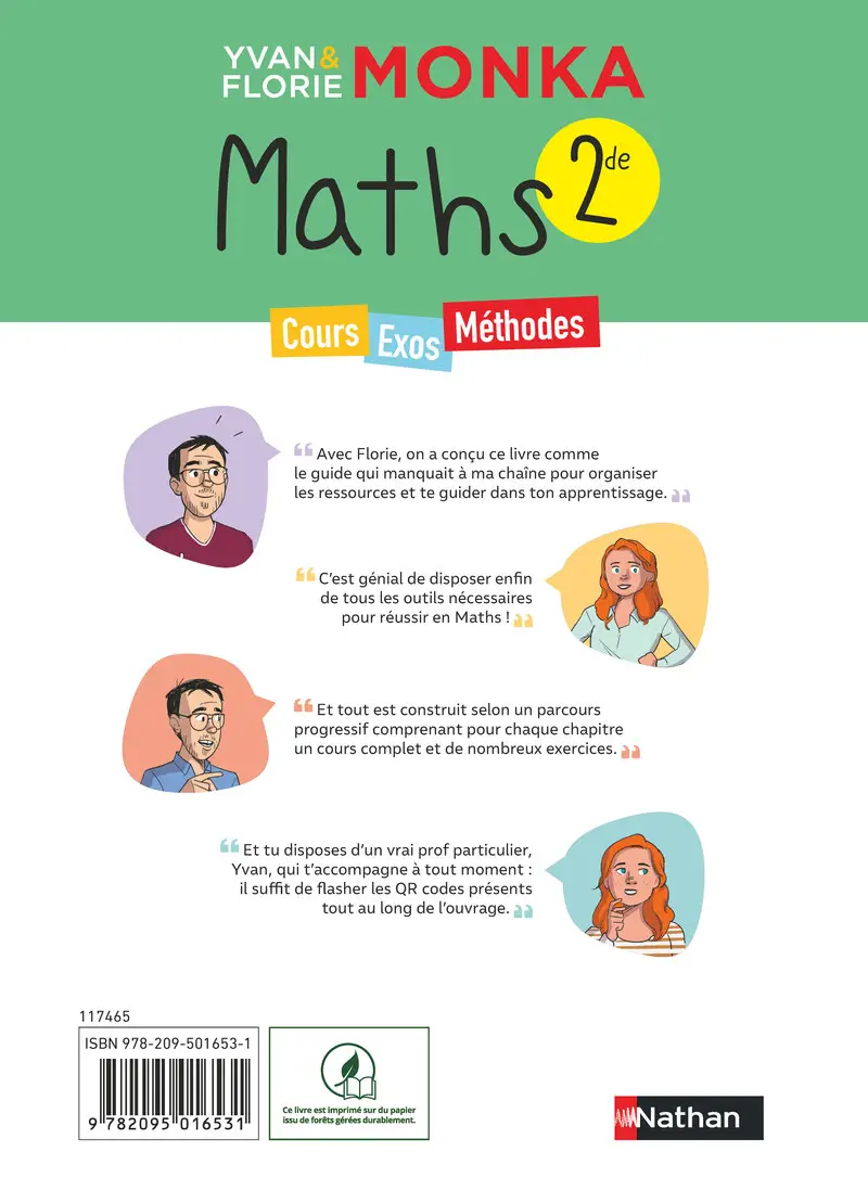 Maths 2de avec Yvan & Florie Monka - Le livre de ma chaîne Youtube - Programme de Seconde - 2026-2027 - Livre de cours, méthode et exercices - 9782095016531 - Couverture verso