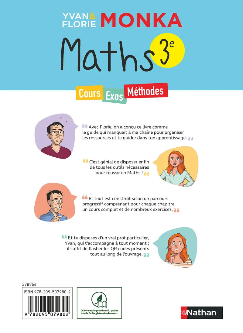 Maths 3e avec Yvan & Florie Monka - Brevet - Le livre de ma chaîne Youtube - Programme de Troisième - 2026-2027 - Livre de cours, méthode et exercices - 9782095079802 - Couverture verso