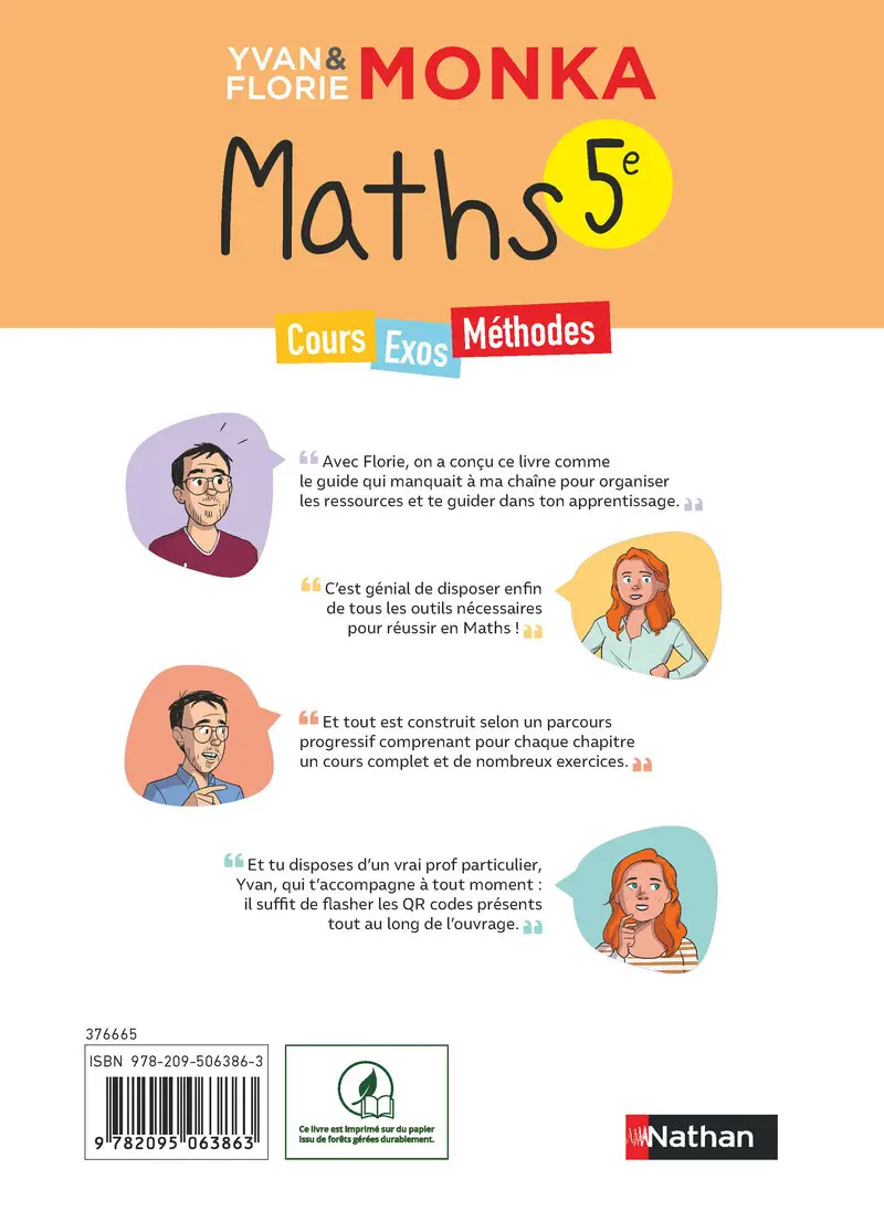 Maths 5e avec Yvan & Florie Monka - Le livre de ma chaîne Youtube - Programme de Cinquième 2026-2027 - Livre de cours, méthode et exercices - 9782095063863 - Couverture verso