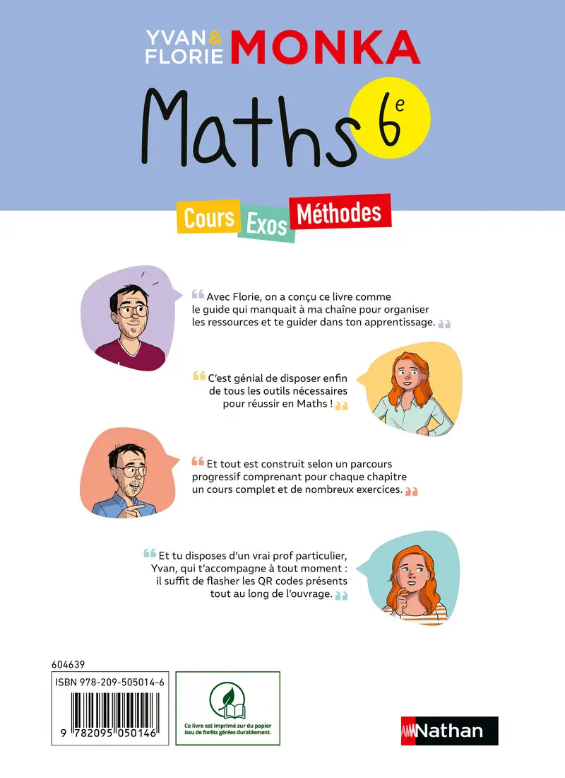 Maths 6e avec Yvan & Florie Monka - Le livre de ma chaîne Youtube - Programme de Sixième 2026-2027 - Livre de cours, méthode et exercices - 9782095050146 - Couverture verso