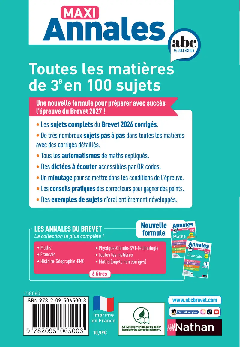 Maxi-Annales ABC du Brevet 2027 - Toutes les matières 3e : Maths - Français - Histoire-Géographie EMC - Physique-Chimie - SVT - Techno - Oral - 100 Sujets et corrigés, fiches de révision, automatismes - Annales - 9782095065003 - Couverture verso