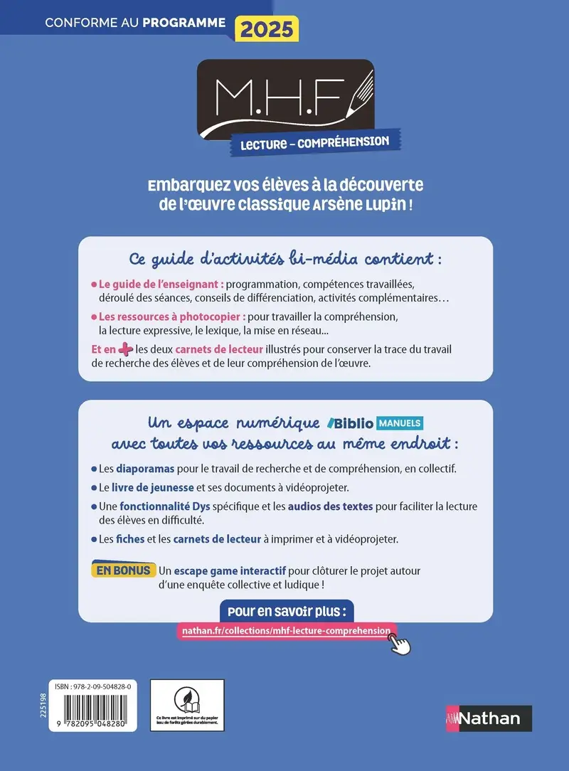 MHF - Lecture-Compréhension CM - Arsène Lupin - Guide d'activités bi-média - Guide pédagogique bi-média - 9782095048280 - Couverture verso