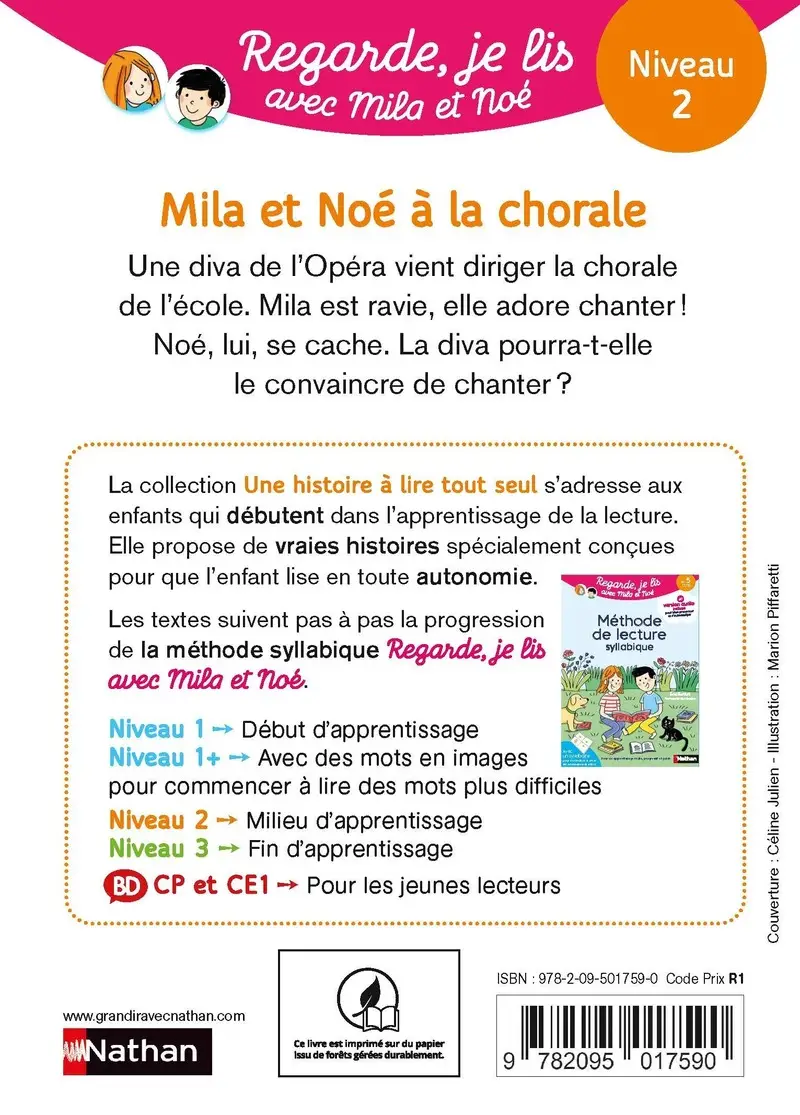 Mila et Noé à la chorale - Regarde je lis ! - Une histoire à lire tout seul - Niveau 2 - Dès 5 ans - Roman - 9782095017590 - Couverture verso
