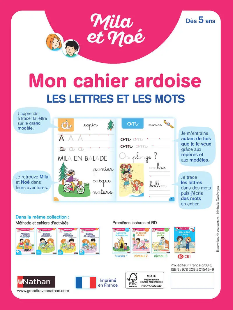 Mon cahier ardoise Mila et Noé - Les lettres et les mots - cahier effaçable, dès 5 ans - Cahier d'exercices - 9782095015459 - Couverture verso