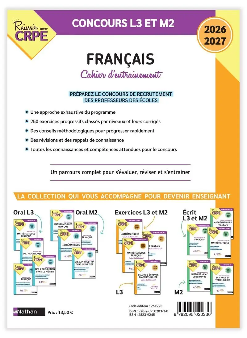 Mon cahier d'entrainement Français - Concours CRPE 2026-2027 - L3/M2 - Livre de pédagogie - 9782095020330 - Couverture verso