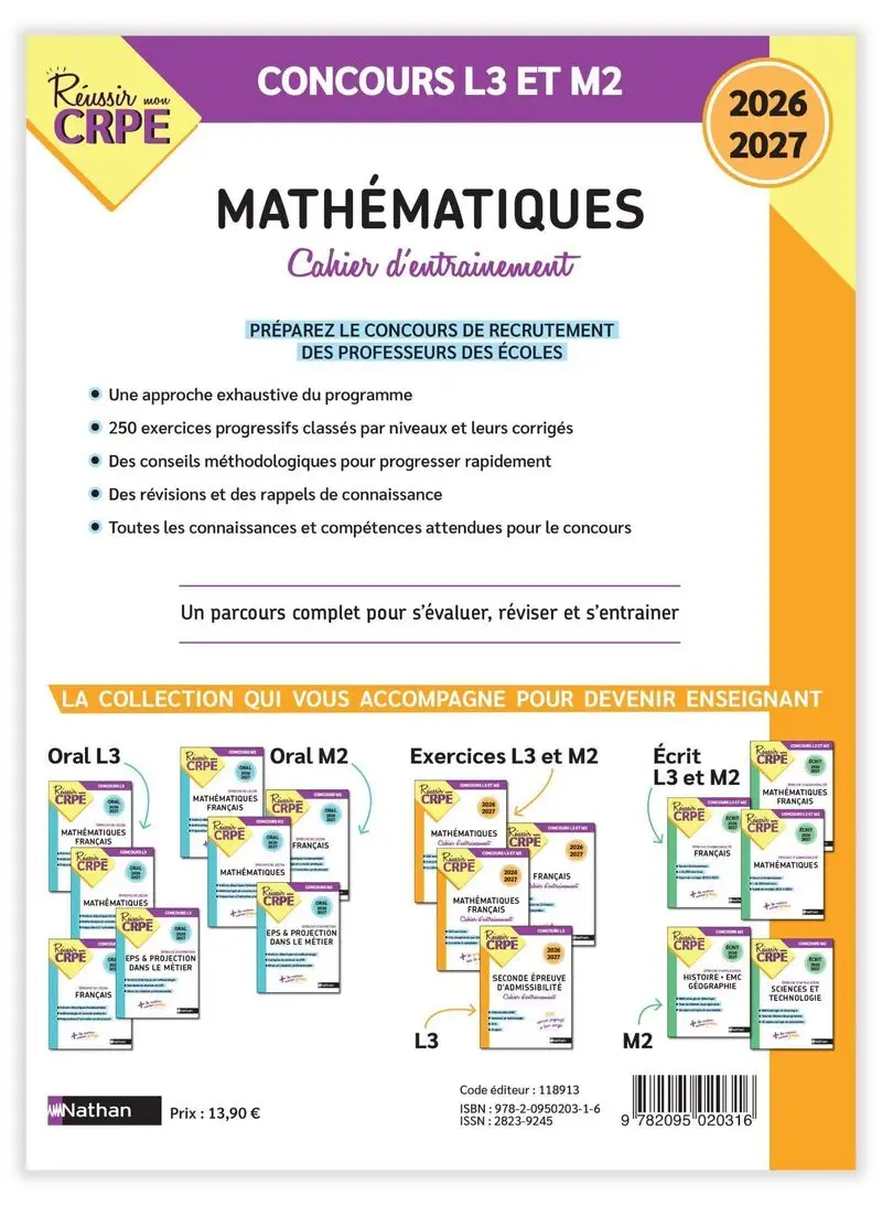 Mon cahier d'entrainement Mathématiques - Concours CRPE 2026-2027 - L3/M2 - Livre de pédagogie - 9782095020316 - Couverture verso