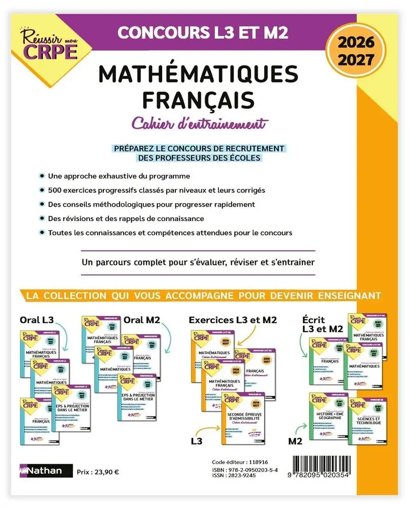 Mon cahier d'entrainement Mathématiques Français - Concours CRPE 2026-2027 - L3/M2 - Livre de pédagogie - 9782095020354 - Couverture verso
