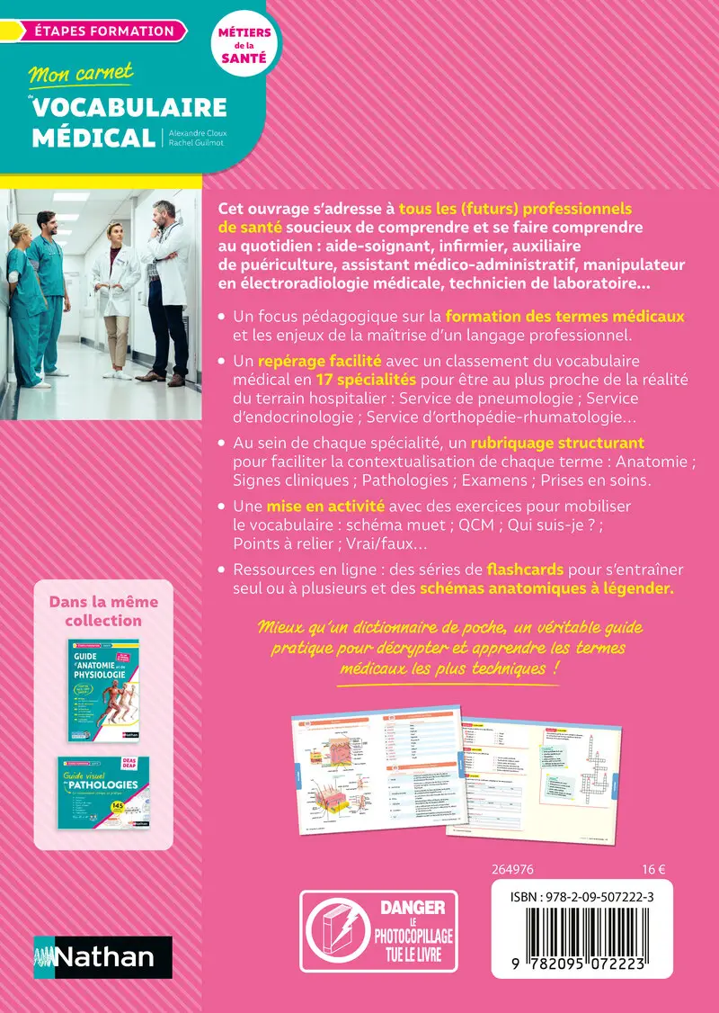 Mon carnet de vocabulaire médical - Métiers de la santé - 2 000 définitions, exercices, anatomie, terminologie médicale et flashcards - Livre - 9782095072223 - Couverture verso