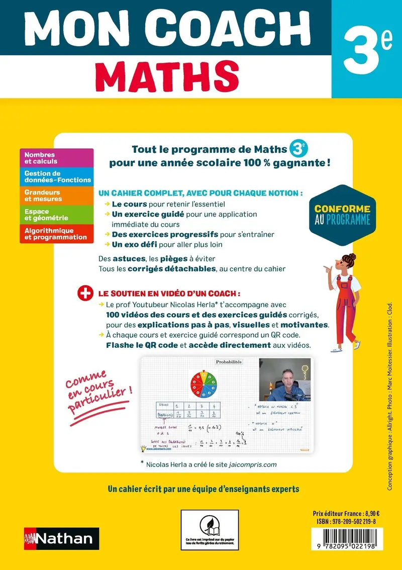 Mon coach Maths 3e avec Nicolas Herla - Livre de cours, méthode et exercices - 9782095022198 - Couverture verso