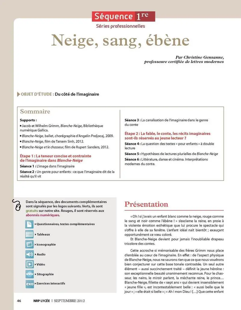 NRP Lycée - Séquence Bac Pro 1ère - Neige, sang, ébène - Septembre 2012 (Format PDF) -  - 9782091116082