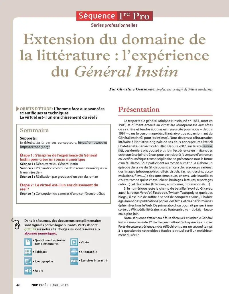 NRP Lycée - Séquence Bac Pro 1re - Extension du domaine de la littérature : l'expérience du Général Instin - Mai-Juin 2013 (Format PDF) -  - 9782091116204