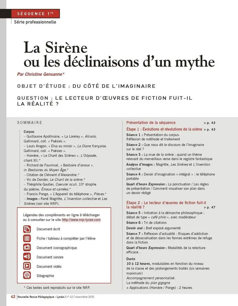 NRP Lycée - Séquence Bac pro 1re - La Sirène ou les déclinaisons d'un mythe - Novembre 2010 (Format PDF) -  - 9782091110325