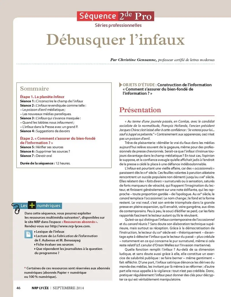 NRP Lycée - Séquence Bac Pro 2de - Débusquer l'infaux -  - 9782091117126