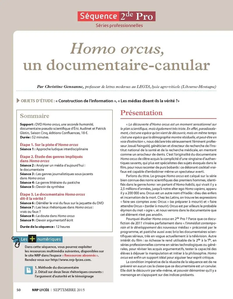NRP Lycée - Séquence Bac Pro 2de - Homo orcus, un documentaire-canular  -  - 9782091117607