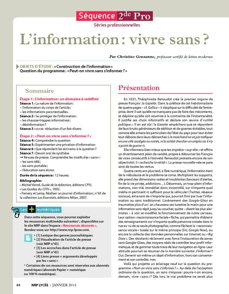 NRP Lycée - Séquence Bac Pro 2de - L'information : vivre sans?   -  - 9782091116631