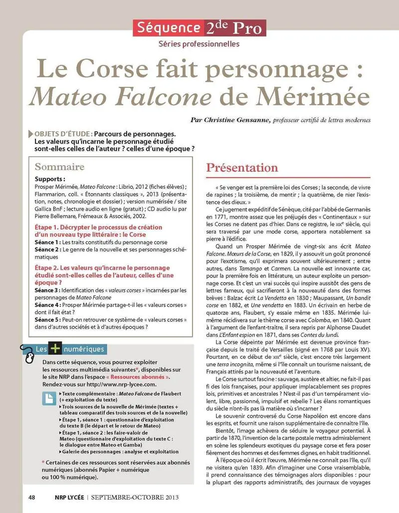  NRP Lycée - Séquence Bac Pro 2de - Le Corse fait personnage : Mateo Falcone de Mérimée  -  - 9782091116617